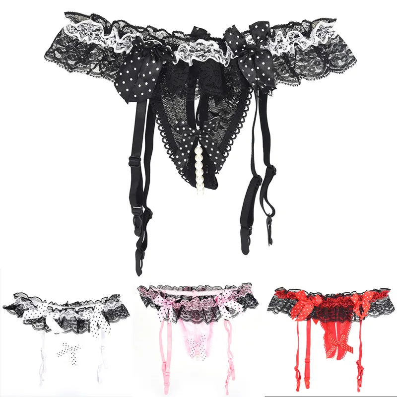 Women Sexy Garter Belt For Stocking Black Lace Suspenders Sexy Open Crotch Pearl Panties Bow Lingerie Garter