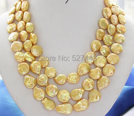 

Wholesale free shipping >>Excellent 14mm golden coin freshwater pearl necklace