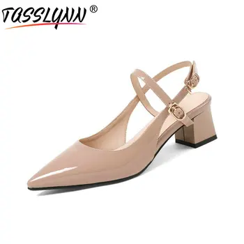 

TASSLYNN 2019 Women Pumps Square Med Heels Pointed Toe Buckle Strap Cow Patent Leather PU Slingback Pumps Shoes Size 34-39