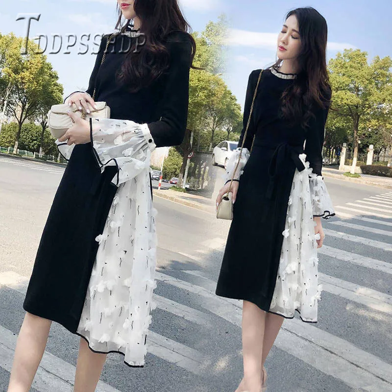 

2019 Spring Patchwork Women Dress Korean Slim Flare Sleeve Female Dresses