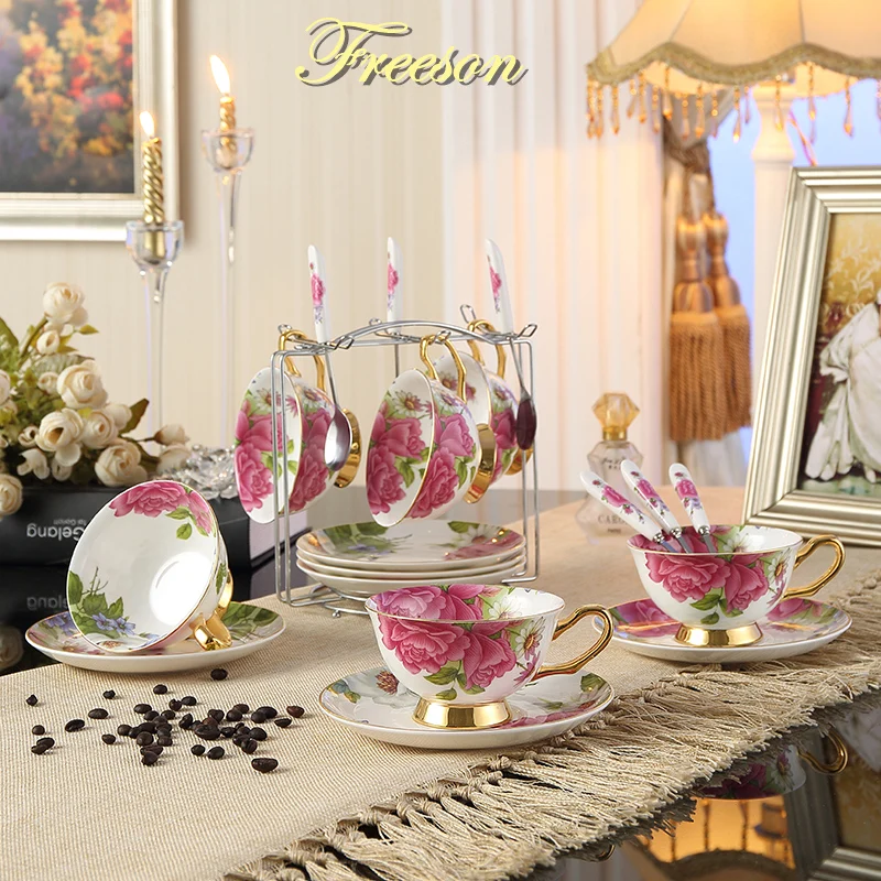 

British Pastoral Bone China Tea Cup Saucer Spoon Set Europe Elegant Ceramic Coffee Cup Top-grade Porcelain Teacup
