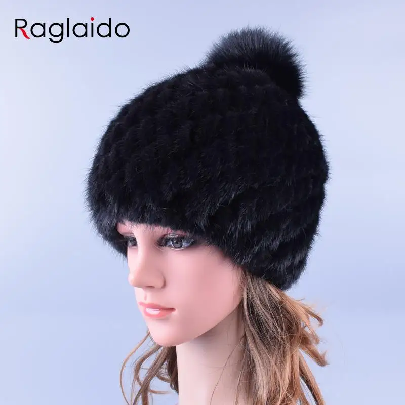 Raglaido шапки для женщин меховые Mink Fur Hat pompom caps Помпон Настоящее Норки Меховые Шапки для Женщин С Лисой Меха Помпонами Вязаная Зимняя Шапочки Cap Сгущает Марка Cap LQ11192