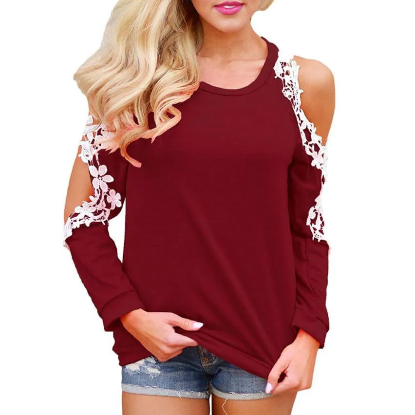 

5 Colors Women Lace Patchwork Blouses Autumn Off Shoulder Long Sleeve Tops Blouse Women's Crewneck Casual Shirts Cropped #Ni
