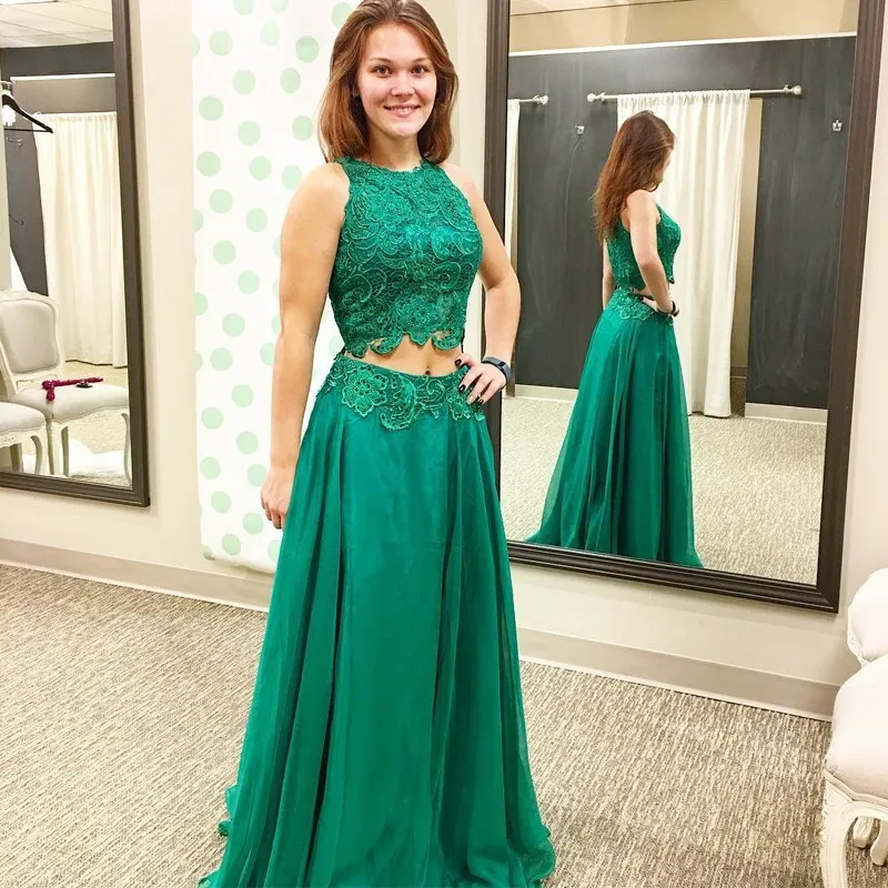 Горячие Продажи Зеленый Кружева Шифон Две Пьесы Длинные Пром Dress A Line Без Рукавов