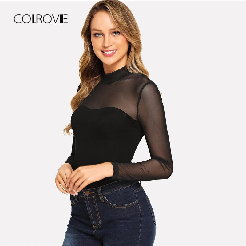 COLROVIE الصلبة موك الرقبة شبكة شير نحيل أسود ليلة خارج ارتداءها النساء الخريف طويلة الأكمام مثير الجسم الإناث الأساسية داخلية