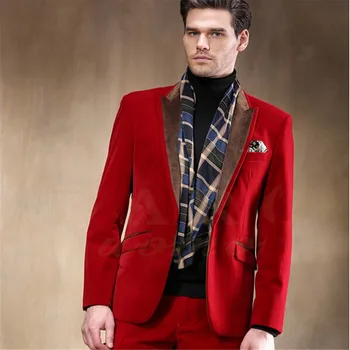 

New Style Custom Made Men's red suit 2 Piece Wedding Velvet Groom Tuxedos Groomsman Best Man Suits (Jacket + Pants)