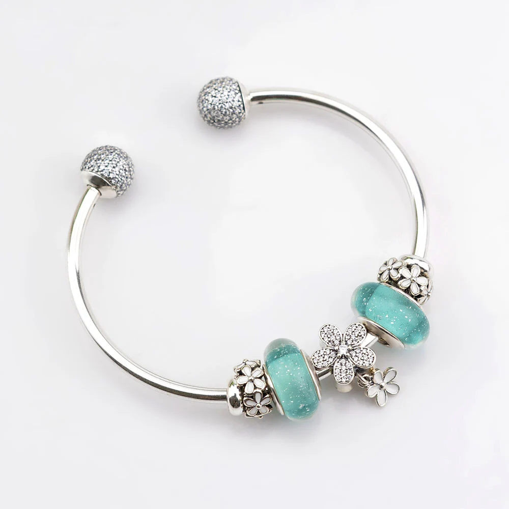 

NEW 100% 925 Sterling Silver Bracelet Set For Europe Women Spring White Flowers DIY Gift Original Bangle & Green Charm Bead