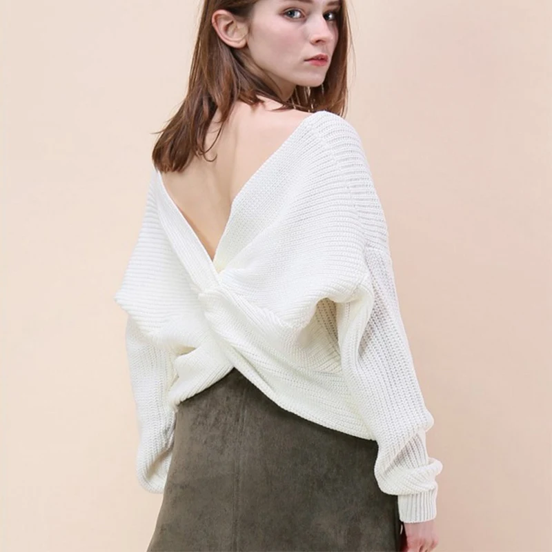 

V Neck Cross Tie Solid Knitted Ribbed Lady Sweater Reversible Long Sleeve Female Feminine Pullover 2019 Fall Sexy Women Jumper