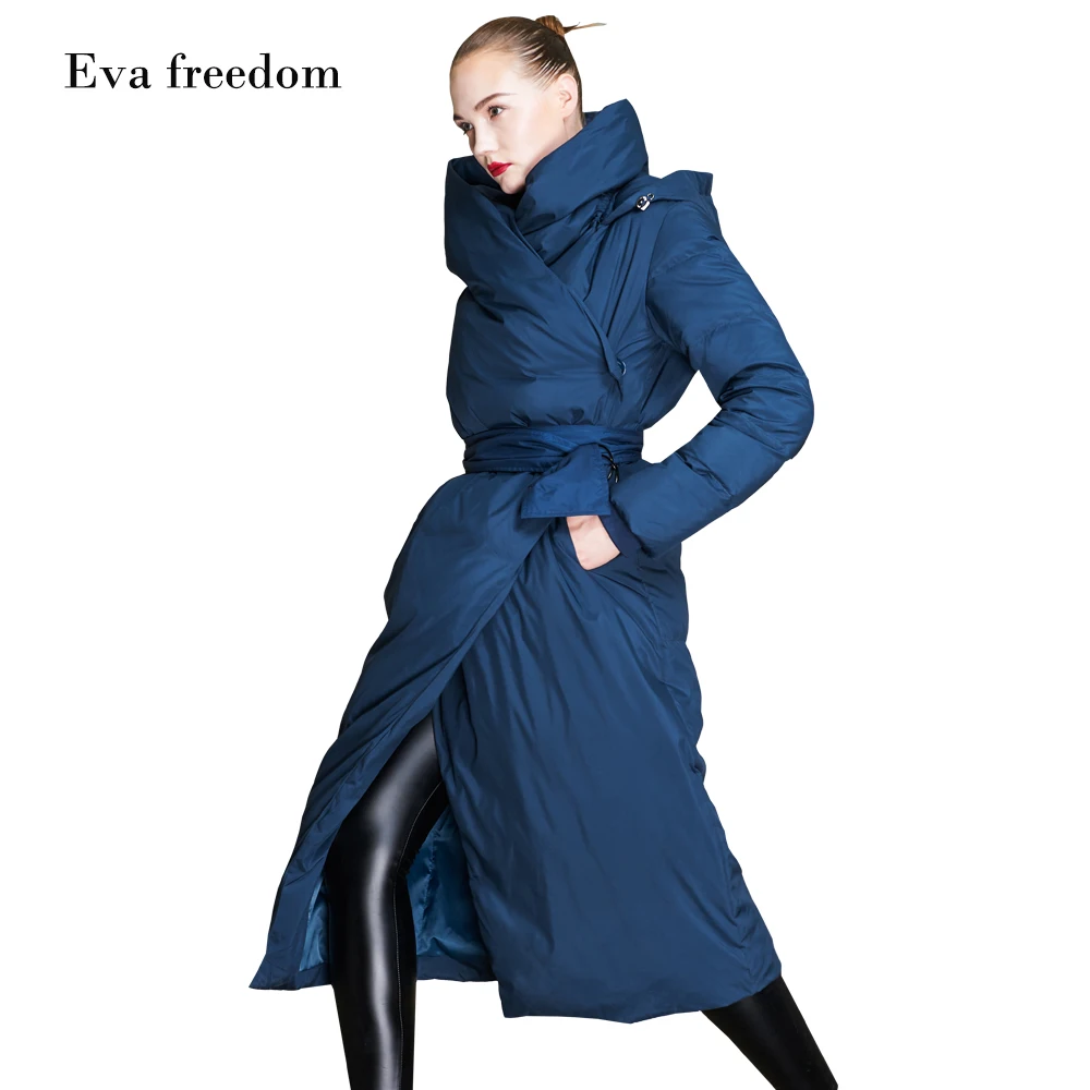 Зимнее модное Брендовое длинное пальто выше колена из 90% утиного пуха, женское однобортное пальто с капюшоном и поясом, теплое пуховое пальто wq117