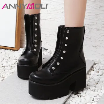 

ANNYMOLI Winter Ankle Boots Women Rivets Platform Thick Heel Short Boots Zipper Super High Heel Shoes Female Fall Plus Size 3-12
