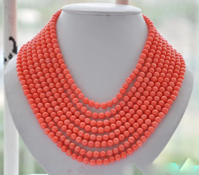 

8strands Real 6MM round pink coral bead necklace 16"-22"inch 5.27