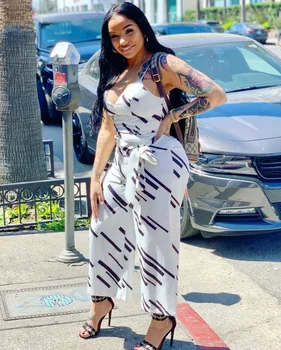 

New Style Sleeveless Off Shoulder Deep V Strap Backless Casual Print Jumpsuits Female Playsuits Wide-Legged Pants