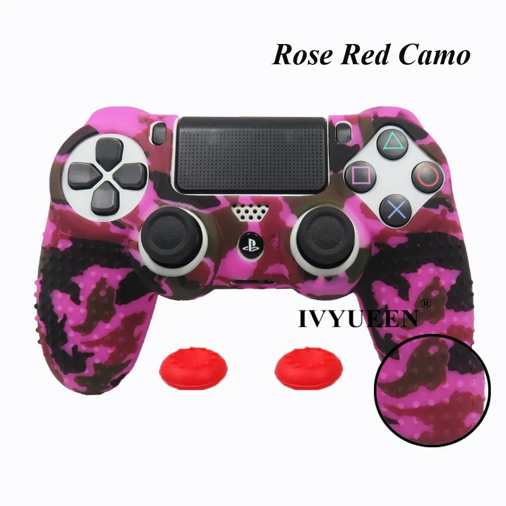 IVYUEEN 25 Colors For PlayStation 4 PS4 Pro Slim Controller Silicone Protective Skin Case Cover Thumb Grip Caps for Dualshock 4 - Цвет: Rose Red Camo