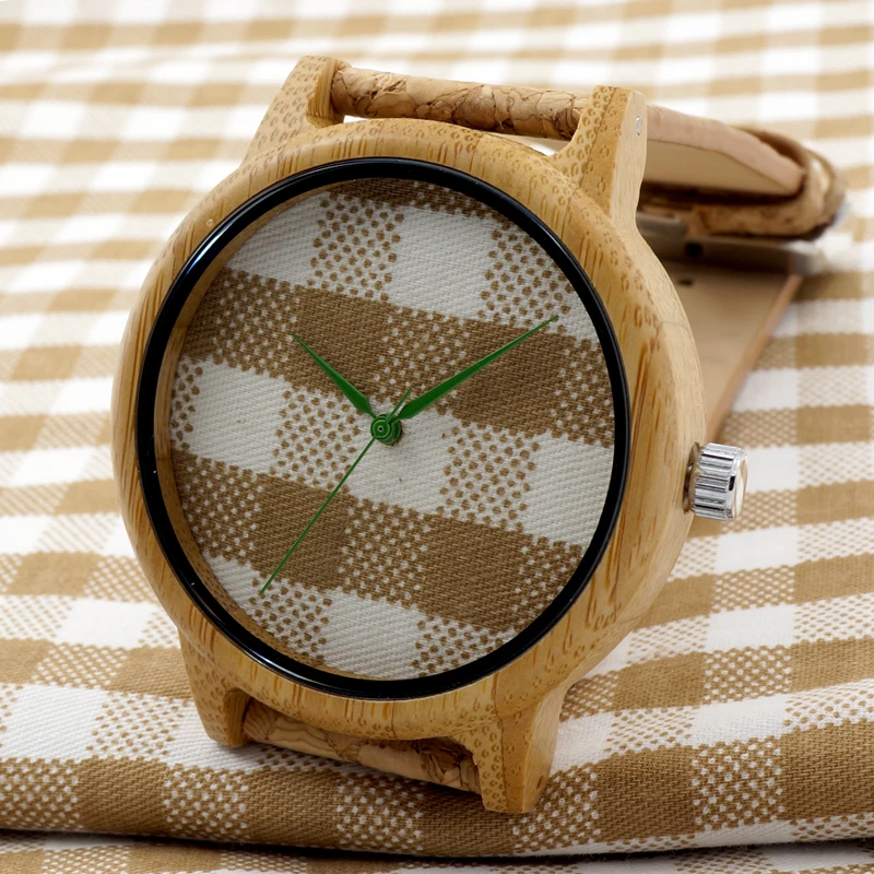BOBO BIRD V-A28 Check Gingham Dial Round Bamboo Watches Men's Women's Fashion Quartz Wristwatch with Soft Band zegarki damskie