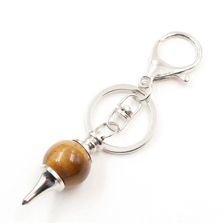 

FYJS Unique Silver Plated Circle Lobster Clasp Pendulum Natural Tiger Eye Stone Key Chain Dowsing Jewelry