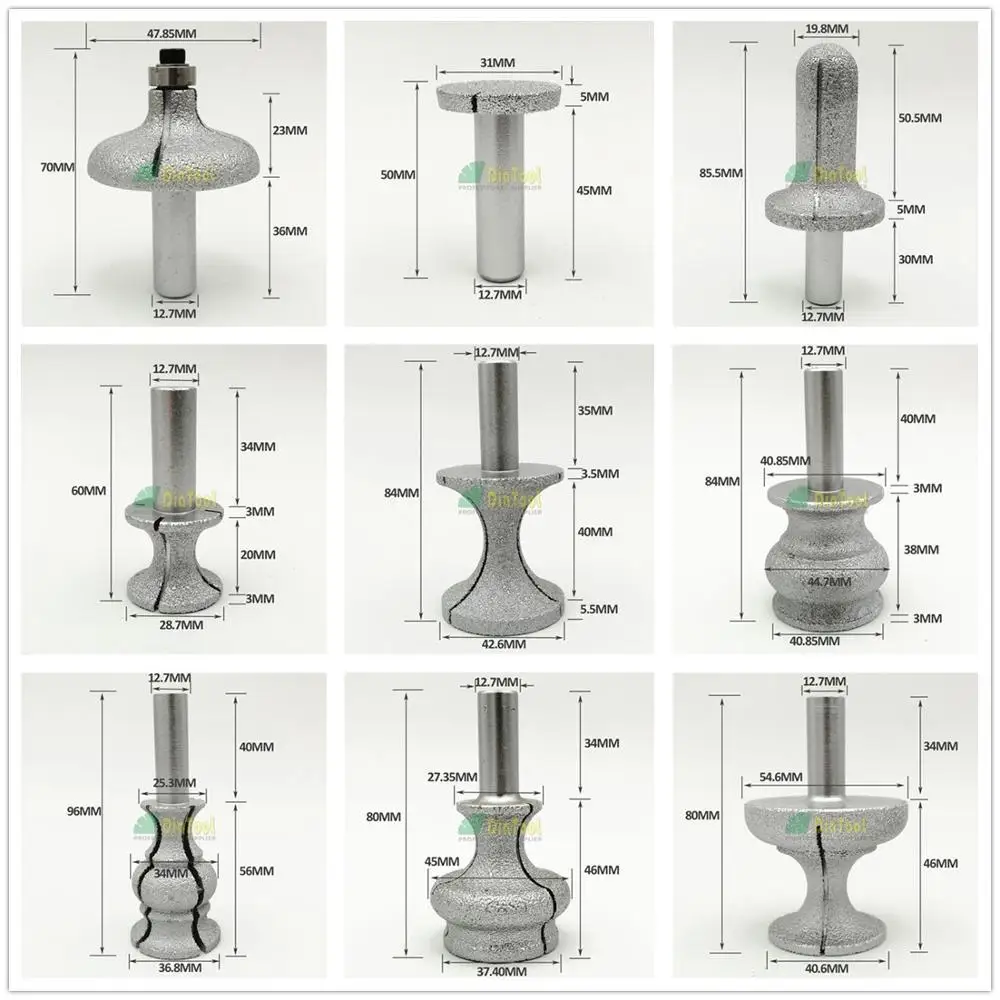 SHDIATOOL Vacuum Brazed Diamond Router Bits Granite Marble Router Cutter with 1/2" Shank Profiling Cutting Stone Edge Grit 60