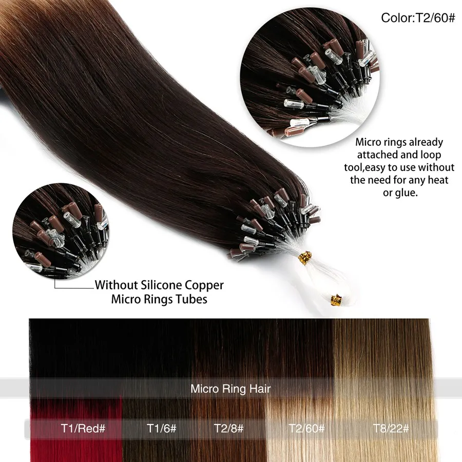 Neitsi Loop Micro Ring Machine Made Remy Hair Extension 100% Human Hair Straight Ombre Piano Color Micro Links 20" 50cm 1g/s 50g