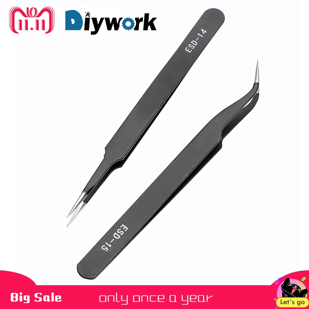 DIYWORK ESD-14 ESD-15 Anti-static Curved Straight Tip Forceps Precision Soldering Tweezers Set Electronic ESD Tweezers Tool DIYWORK ESD-14 ESD-15 Anti-static Curved Straight Tip Forceps Precision Soldering Tweezers Set Electronic ESD Tweezers Tool