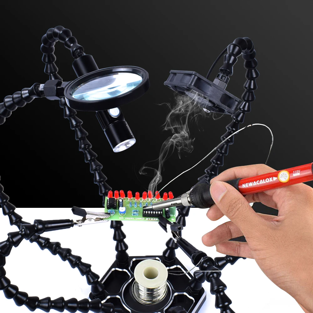  ACALOX Soldering Iron Helping Holder Third Pana Hand 6pc Flexible Arms USB DC Fan Flashlight Magnif - 32934431680