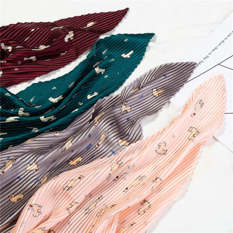 

2019 New Square Silk Scarf Women Pleated Scarfs Animal Pattern Crinkle Hair Neck Scarves for Ladies Foulard