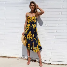 

2018 Summer Beach Chrysanthemum Printing dress , Sling button Sexy backless Dress.