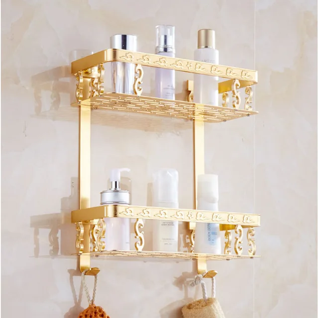 Luxury Aluminum Double Wall Mount Shower Shampoo Soap Cosmetic Luxury Aluminum Double Wall Mount Shower Shampoo Soap Cosmetic Storage Shelves Gold Bathroom Shelf