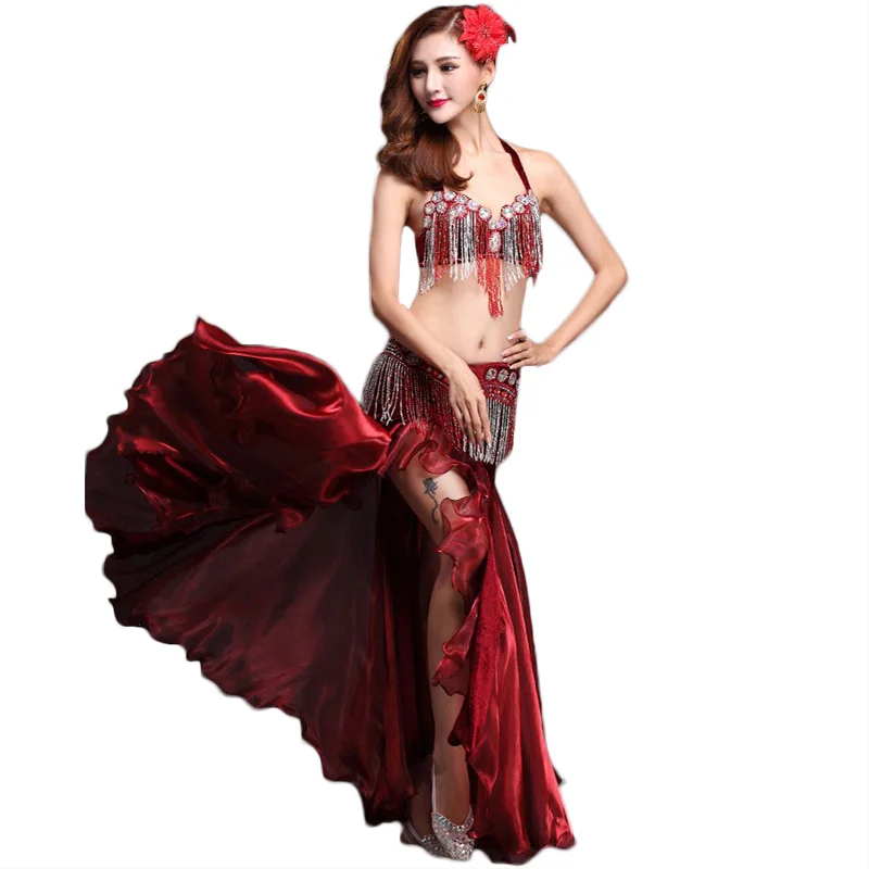 Performance Oriental Belly Dancing Clothes 3-piece Suit Bead Bra, Belt & Skirt Belly Dance Costume Set