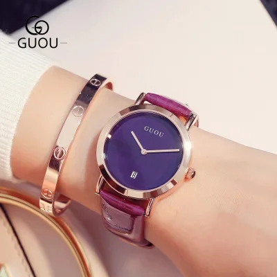 

Chasy2018 Fashion simple style GUOU Lady quartz watch double pin calendar wild Ladies Leather waterproof watch Reloj mujer