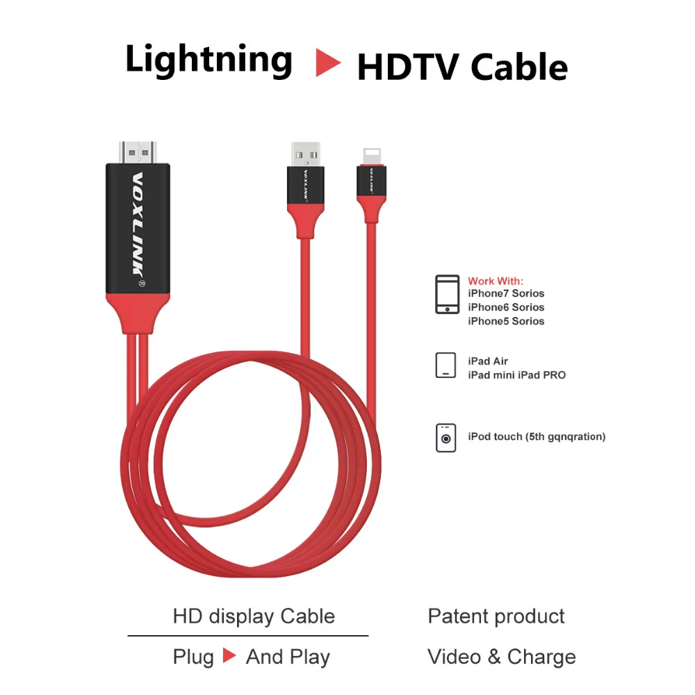 VOXLINK 2m Lightning to USB HDMI HDTV Digital AV Cable Adapter 1080P For Apple iPhone 7