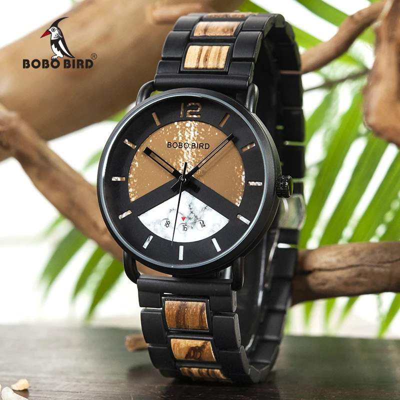Saat erkek Wooden Watches Men Wristwatch Quartz Clock BOBO BIRD Show date Gift in Wood Box in Wood Box Customize Logo