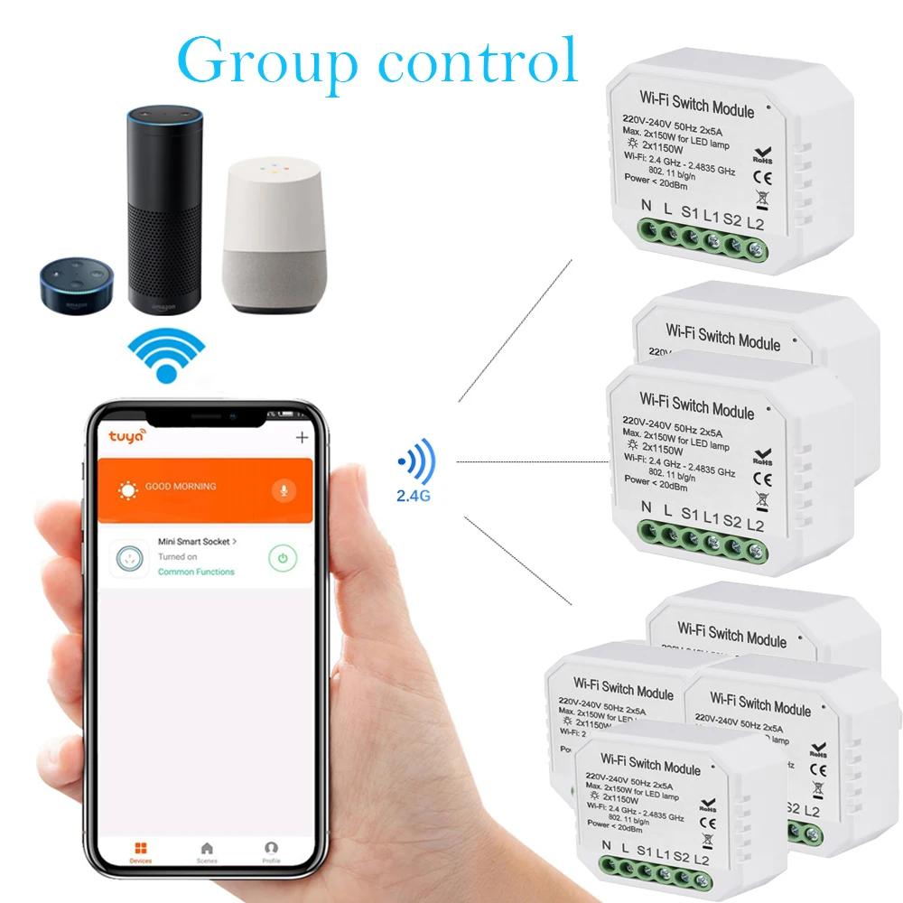 Wi-Fi переключатель 2 способ 2 банда светильник управление Лер 2300 Вт умный модуль переключения для таймера Голосовое управление совместимый с Alexa Google IFTTT App Tuya