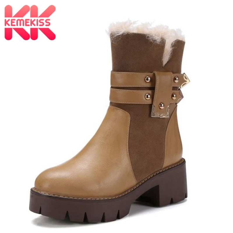 

KemeKiss Size 34-43 Women Real Leather Ankle Boots Plush Fur Zipper High Heel Boots Winter Fashion Shoes Women Footwear