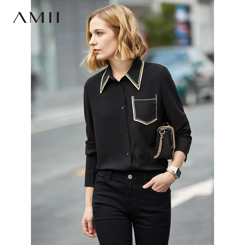 

Amii Minimalist Women Shirts Spring 2019 New Office Contrast Color Notched Pockets Yellow Black Long Sleeve Chiffon Blouse