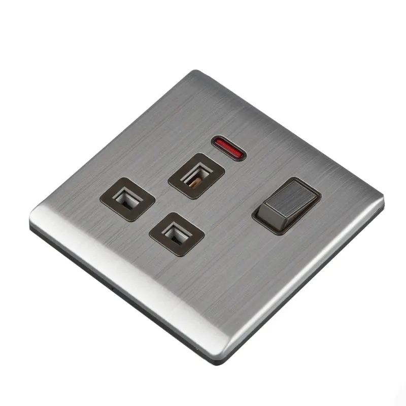 UK-Standard-Metal-Wall-Socket-13A-250V-With-One-Button-LED-Indicator-Light-British-Style