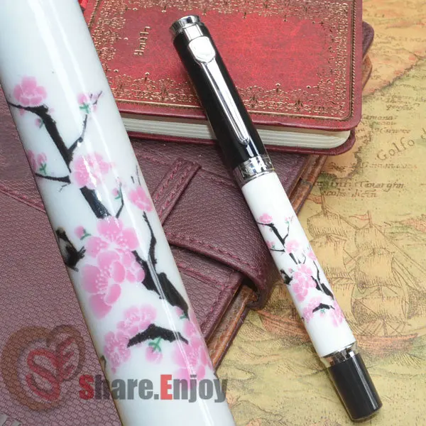 

JINHAO 8802 WHITE PORCELAIN 18 KGP FINE NIB FOUNTAIN PEN PINK PLUM BLOSSOM