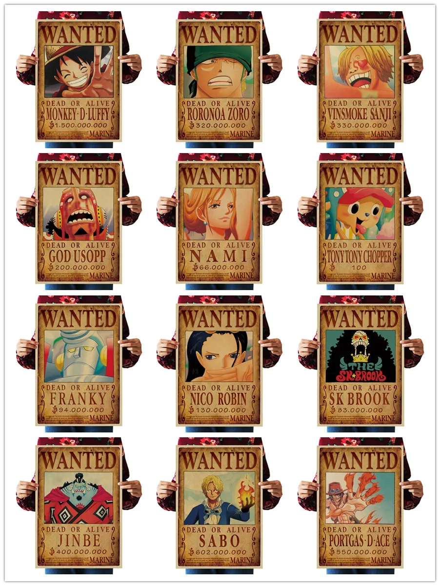 

69 Styles ONE PIECE Wanted Posters Toys Vintage Poster Luffy Ace Jinbe Nami Chopper Robin Zoro Sanji Usopp Anime Sticker 51x36CM