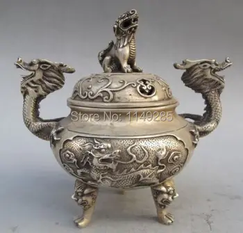 

wedding decoration Silver Bronze Dragon Incense Burner & Lion Lid w Ming Dynasty Xuan De Mark