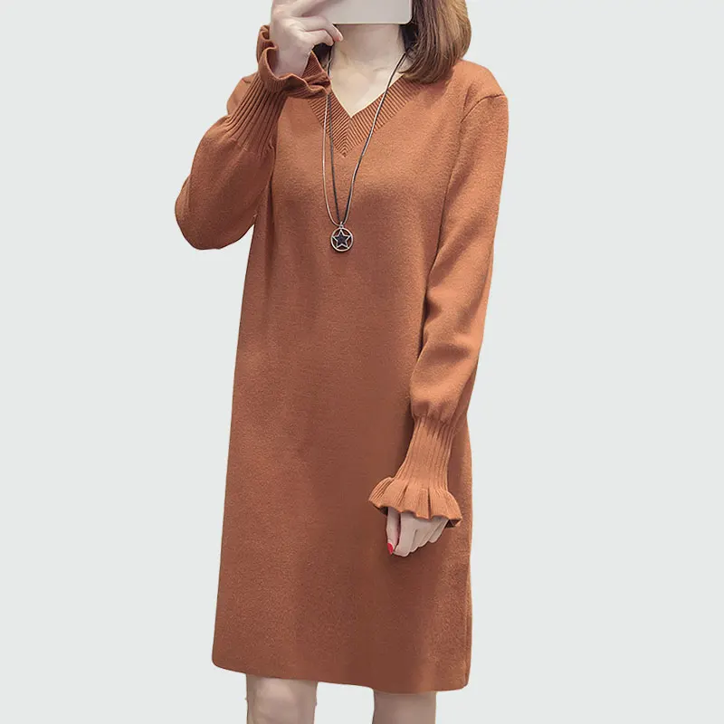 

Autumn Winter Women Fashion Midi Sweater Dress 2018 Large Size Vintage V Neck Long Sleeve Casual Butterfly Sleeve Elegant Dress