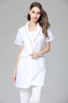 

Women's anti-wrinkle summer short sleeve nurse uniform dental clinic doctor's outcoat medical shop clerk white color free ship