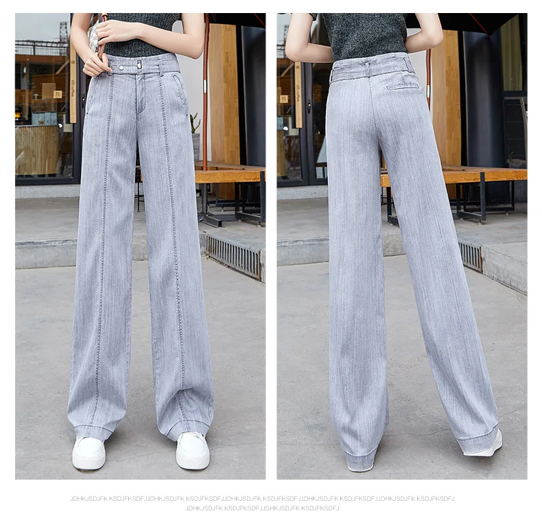 High Waist Straight Jeans Women Summer Tencel Gray Casual Loose Wide Leg Jeans Trousers Striped Full Length Sashes Palazzo Pants