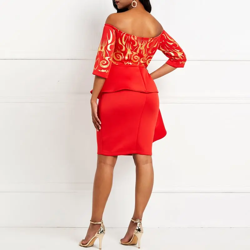 Женское платье бодикон с блестками, с вырезом лодочкой, в африканском стиле, элегантное женское платье, OL, красные вечерние платья,, летние обтягивающие женские платья средней длины