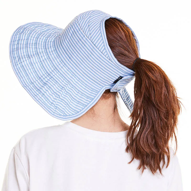 عكسها أعلى فارغة النساء قبعة الشمس واسعة حافة قناع شاطئ كاب السيدات قبعات صيفية النساء الشاطئ مخطط عارضة طوي قبعات الشمس