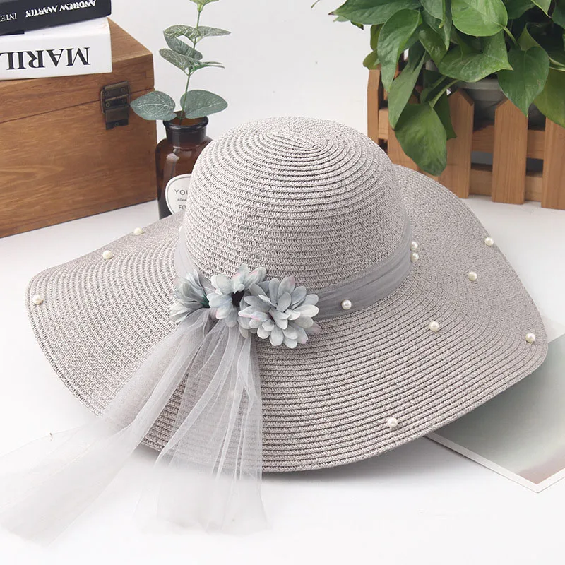 Women Flower Foldable Straw Hat Fashion Pearl Mesh Cap Summer Ladies Wide Wave Brim Beach Hats Handmade Sun Caps CP0221 (3)