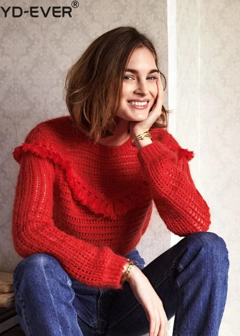 

Women Red Hollow Out Tassel Mohair Soft Pull Sweater