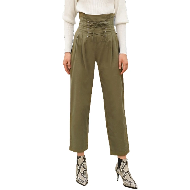 Olive green lace up fly high waisted straight leg trousers for women ...