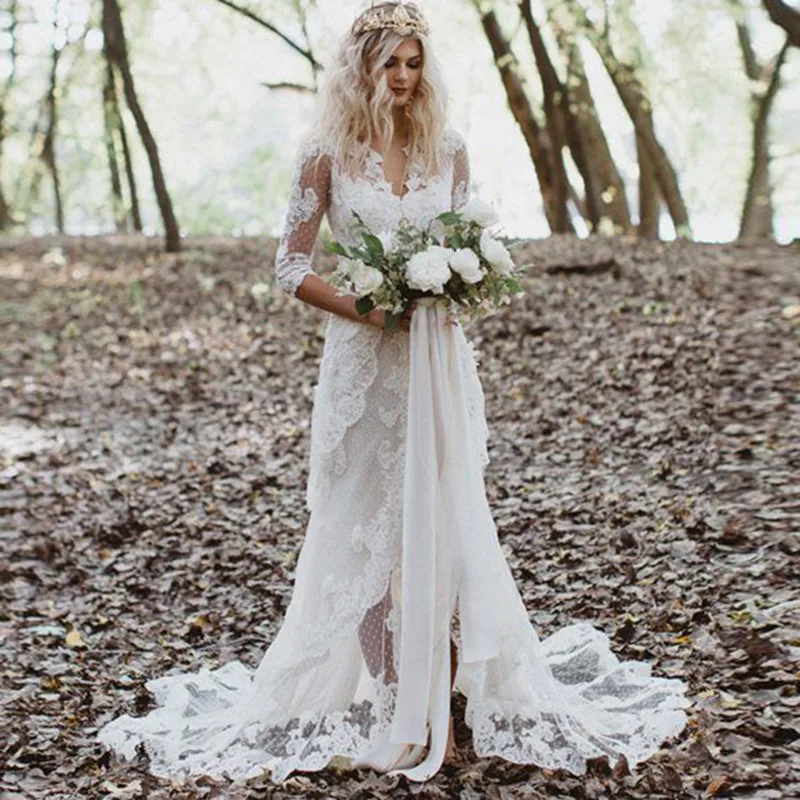

White Wedding Dress Tulle Lace Appliques V-Neck Front Zipper Three Quarter Romantic Bridal Gowns Vestido De Novia