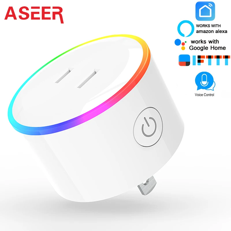 ASEER Tuya умная розетка, ЕС Wi-Fi розетка, RGB светодиодный режим сцены US mini wifi розетка, таймер разъем Alexa Google IFTTT
