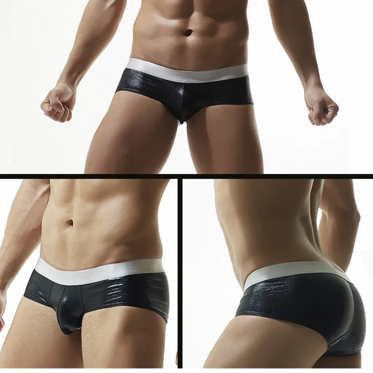 

Men's underpants in the low waist U convex silk broad belt imitation leather briefs night club performance shorts bright face