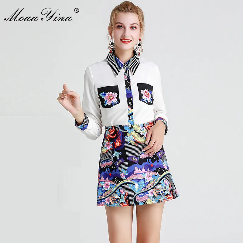 

MoaaYina Fashion Designer Set Spring Summer Women Short sleeve Diamond Japan Style Print Shirt Tops+Short skirt Two-piece suit