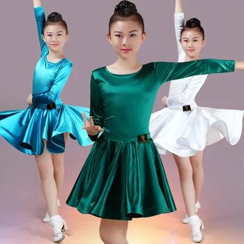 

Satin Girls' Latin Dance Skirt Standard Competition Performance Training Rules Separate Long Sleeve Fringe Dance Costume